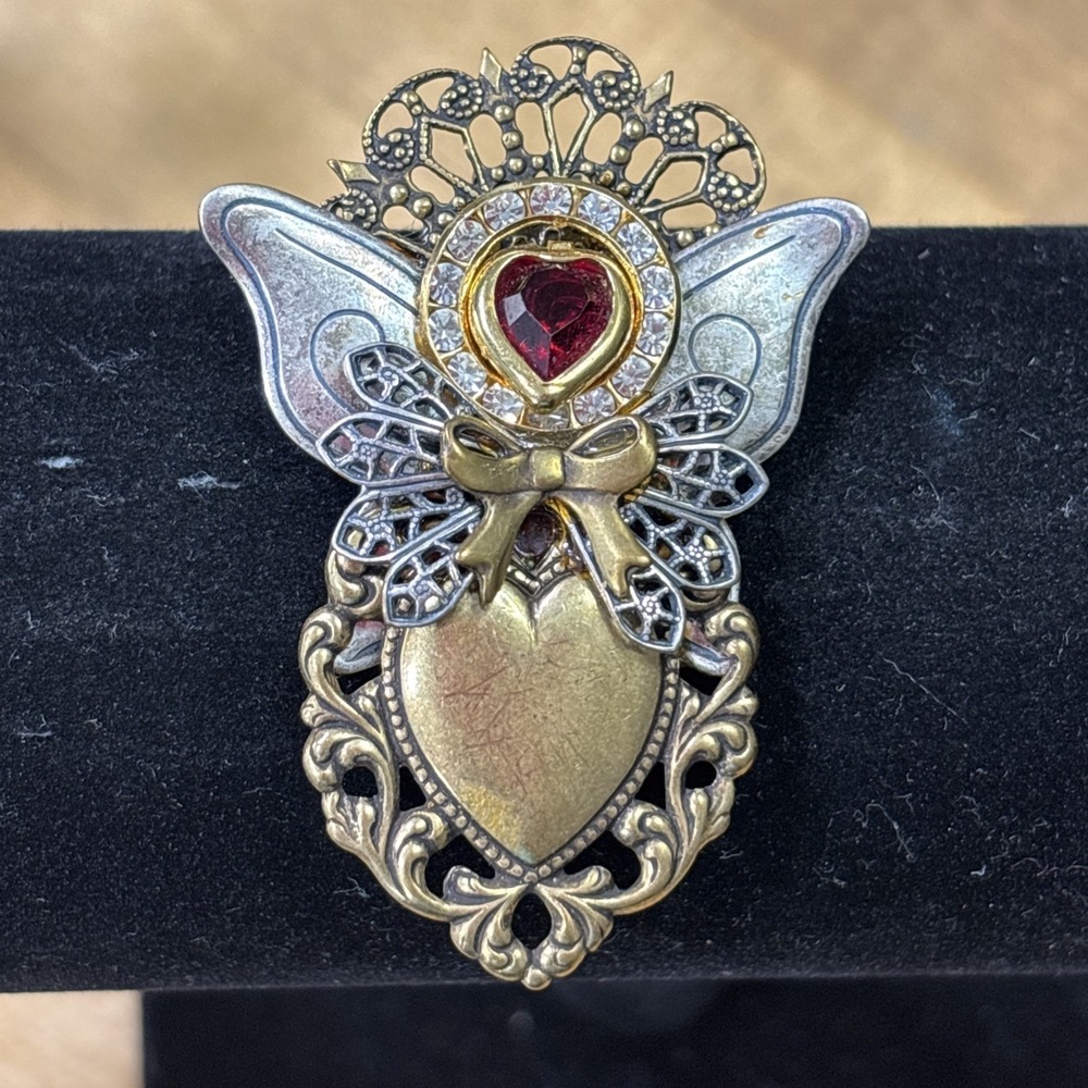 Vintage Jane Davis Angels of Love Mixed Metal Heart Angel Brooch Pin